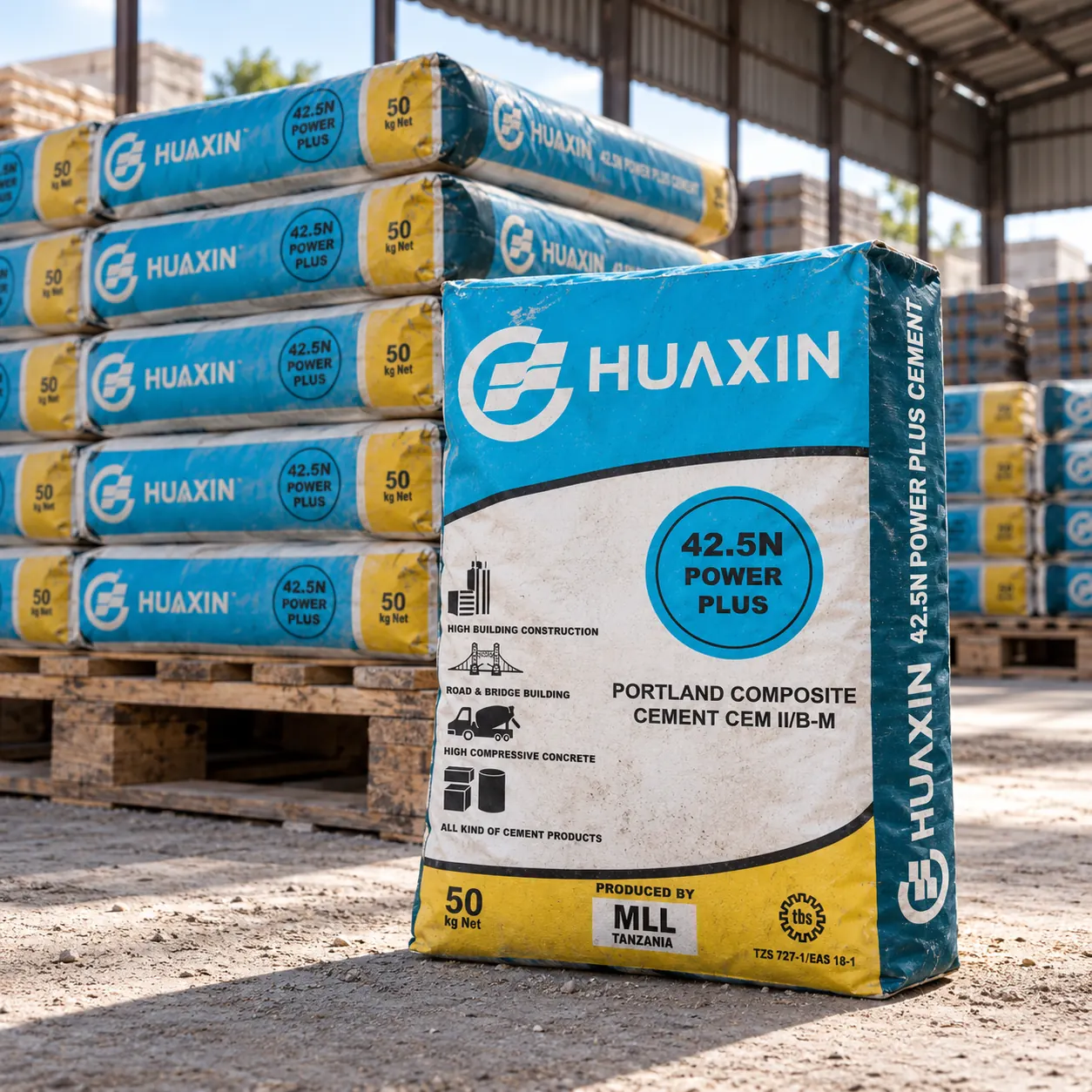 Huaxin Cement bags in a warehouse